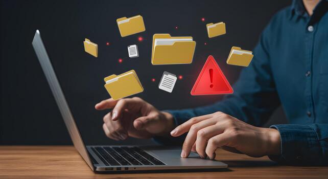 Person experiencing a critical data loss while working on laptop files floating away with warning sign digital workspace concept image photo