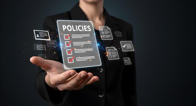 Businesswoman reviewing policies and procedures using a digital interface showcasing a modern approach to corporate governance and compliance The image conveys efficiency transparency and a commitment photo