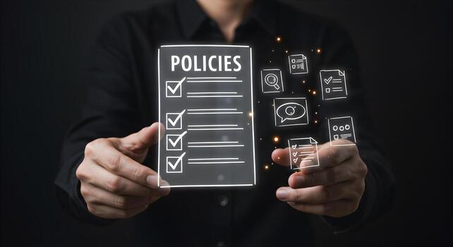 Person reviewing and managing digital policies and documents on a transparent interface showcasing a concept of online compliance and efficient workflow management photo