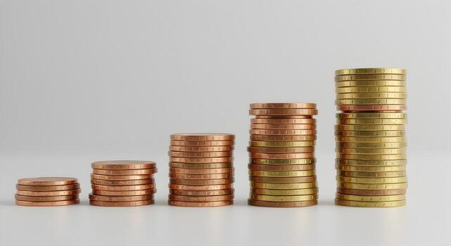 Stacks of coins showing a steady growth and increase in value over time symbolizing financial success and wealth accumulation The coins are arranged on a plain white background creating a clean and pr photo