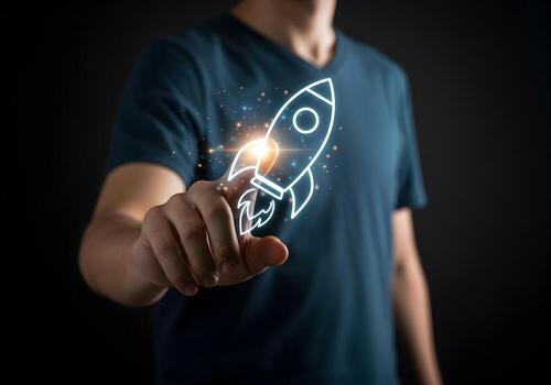 Man launching a rocket icon in dark setting symbolizing a successful startup new business launch innovation and fast growth The image represents progress ambition and the future of technology photo