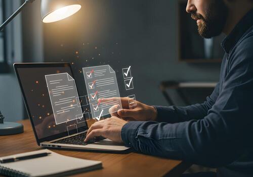 Man reviewing checklist on laptop at night working late in home office achieving goals and productivity illuminated by desk lamp He is focused on completing tasks and achieving success photo