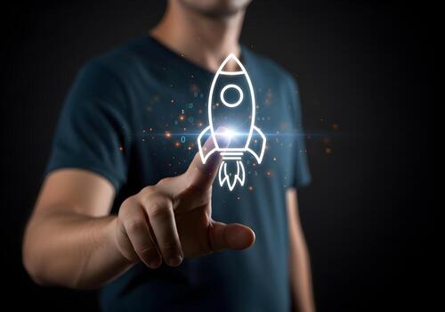 Man launching a rocket ship icon in a dark setting symbolizing a new business venture and innovation The image represents concepts of startup growth and digital transformation in the tech industry photo