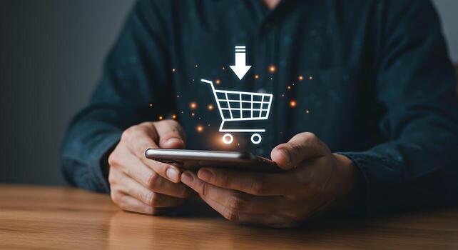 persona utilizando teléfono inteligente para en línea compras agregando artículos a carro con brillante compras carro icono en pantalla comercio electrónico concepto digital márketing y móvil tecnología foto