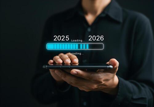 persona utilizando un tableta a visualizar el transición desde 2025 a 2026 representado por un cargando bar el imagen transporta conceptos de anticipación Progreso y el futuro el oscuro antecedentes agrega un sentido de foto