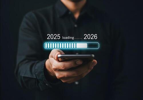 persona utilizando teléfono inteligente visualizante un Progreso bar demostración 2025 cargando a 2026 simbolizando anticipación para el nuevo año y futuro oportunidades foto