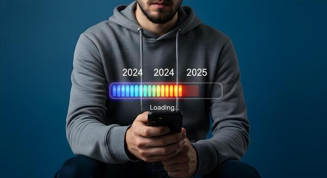Man using smartphone viewing a progress bar showing loading for 2024 and 2025 against a deep blue background Concept of anticipation future planning and new year goals photo