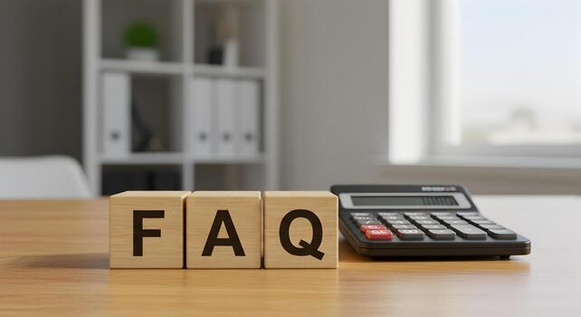FAQ - Wooden Blocks Spelling Frequently Asked Questions Near Calculator on Desk in Modern Office Setting Help and Support Concept photo