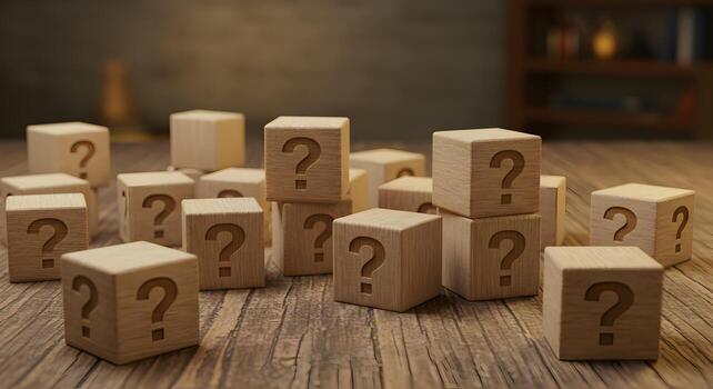 Wooden cubes with question marks scattered on a table representing uncertainty questions and the search for answers The image evokes a sense of mystery and intrigue perfect for concepts related to pro photo