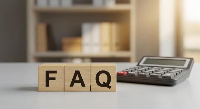 FAQ concept on wooden blocks with calculator in modern office setting Frequently Asked Questions customer service problemsolving and support solutions photo