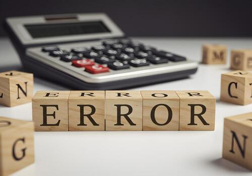 Wooden Blocks Spelling Error with Calculator in the Background - Concept of Mistake Failure and ProblemSolving in Business and Finance photo