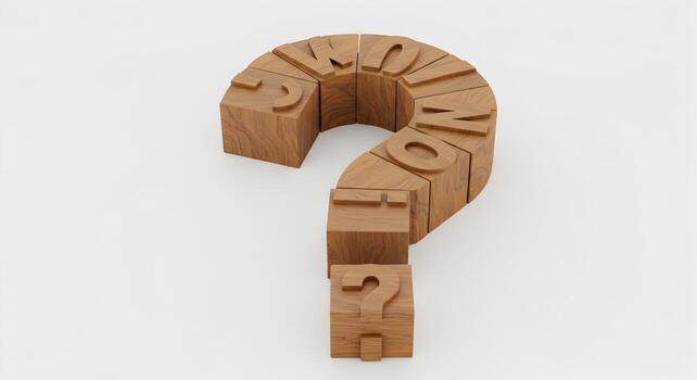 Wooden blocks forming a question mark on a white background representing doubt uncertainty and the search for answers The image evokes a sense of curiosity and contemplation ideal for concepts related photo
