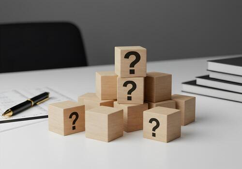 Wooden blocks with question marks stacked on a desk symbolizing uncertainty questions and the search for answers in a modern office setting The image evokes a sense of mystery challenge and problemsol photo