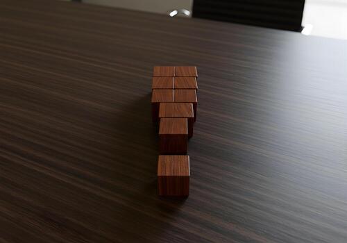 Wooden blocks forming an exclamation mark on a dark wood table representing ideas of importance attention and urgency in a business or professional context The image evokes concepts of communication e photo