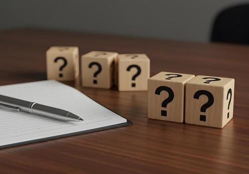 Wooden cubes with question marks on a desk near a notepad and pen signifying uncertainty questions and the search for answers photo