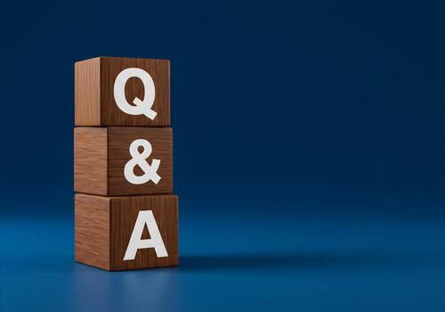 Wooden Blocks Spelling QA on a Blue Background Questions and Answers Concept for FAQ Support and Help Desk Imagery photo
