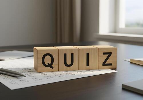 Wooden Blocks Spelling Quiz on Desk near Window - Test Exam Questions and Answers Concept photo