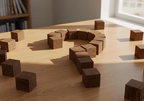 Wooden cubes forming a question mark on a light wooden table near a window representing uncertainty doubt or the search for answers The warm sunlight adds a contemplative mood to the image ideal for c photo