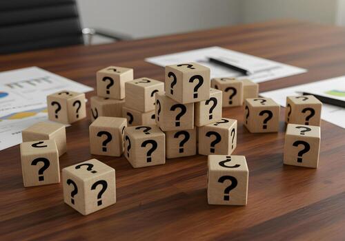 Wooden cubes with question marks stacked on a modern office desk symbolizing uncertainty doubt and the challenges of decisionmaking in business The image evokes a sense of mystery and intrigue ideal f photo