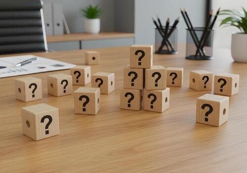 Wooden blocks with question marks arranged on a desk in a modern office symbolizing uncertainty questions and the search for answers in business and life photo