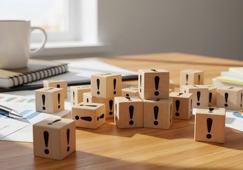 Wooden blocks with exclamation marks scattered on a desk in a modern office symbolizing urgent reminders and important notifications photo