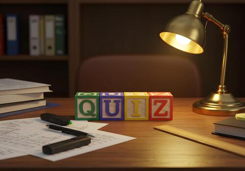 QUIZ spelled out in colorful alphabet blocks on a wooden desk at night illuminated by a warm desk lamp suggesting concepts of learning testing and education photo