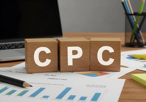 CPC Marketing Strategy Wooden Blocks Spelling CPC on a Desk with Laptop and Financial Documents Representing Cost Per Click and Digital Advertising photo