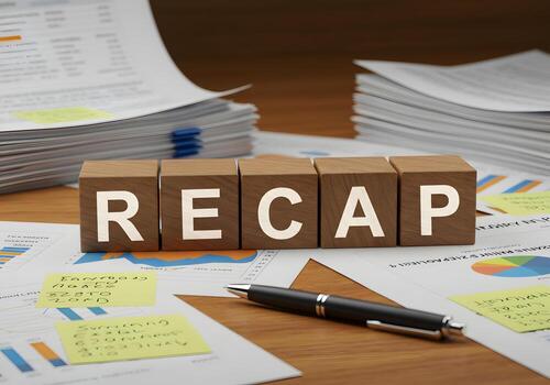 Wooden Blocks Spelling Recap on a Desk with Financial Documents Charts and Sticky Notes - Business Summary Planning and Review Concept photo