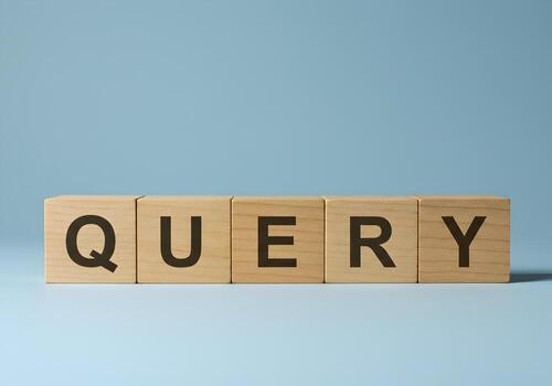 Wooden blocks spelling QUERY on a light blue background representing search questions and data inquiry The image evokes a sense of curiosity and the process of seeking information or answers photo