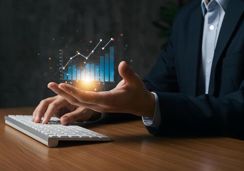 Businessman analyzing glowing financial chart positive growth concept modern office workspace successful entrepreneur visualizing data and progress using holographic technology photo