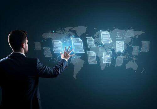 Businessman Interacting with Global Network of Digital Documents Futuristic Technology Concept Modern Business and Data Management Worldwide Connection and Information Access photo