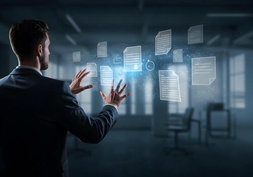 Businessman Interacting with Digital Documents in a Modern Office Concept of Cloud Computing and Data Management photo