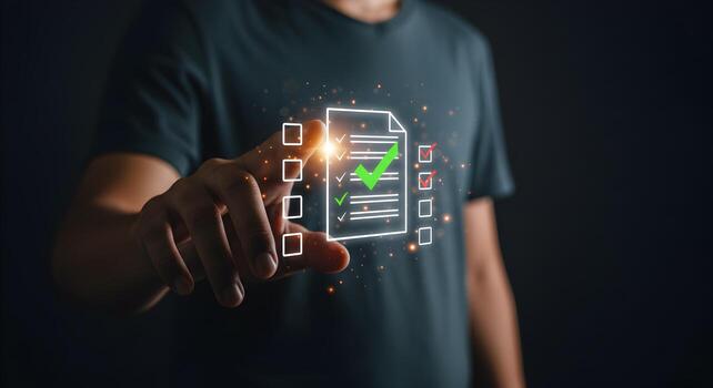 Man using digital interface to check a checklist a concept of successful task management and project completion depicted in a dark setting with glowing particles photo