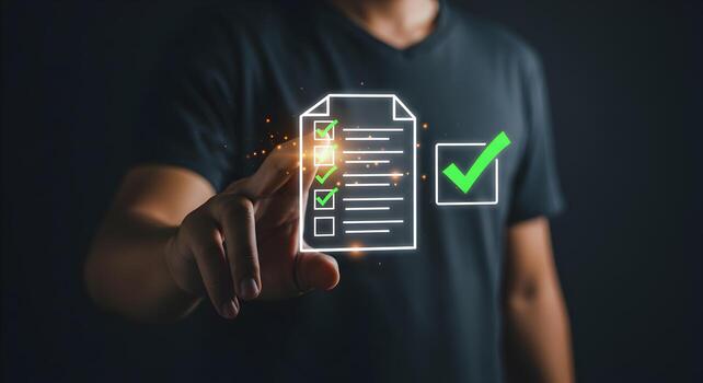 Person checking a digital checklist completing tasks and achieving goals in a dark modern setting symbolizing productivity and success photo
