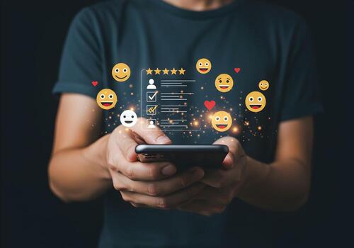 Person using smartphone app for feedback reviewing and rating a service or product with emojis and a fivestar rating scale appearing on the screen Positive customer experience and satisfaction concept photo