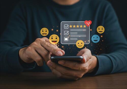 Person using smartphone to provide feedback evaluating user experience with emojis and rating scale positive customer review concept photo