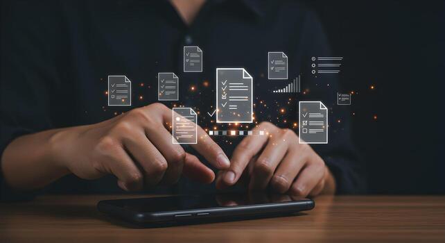 Person using a smartphone to manage digital documents and checklists achieving efficient workflow and seamless organization in a modern workspace photo