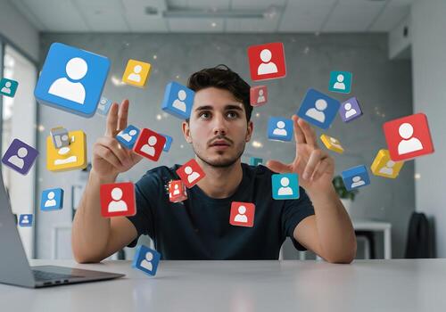 Young man interacts with floating social media profile icons in a modern office symbolizing networking connection and online community engagement photo