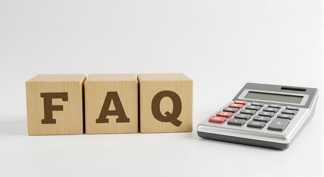 FAQ Wooden Blocks with Calculator on White Background Concept of Financial Questions and Answers Problem Solving and Business Solutions photo