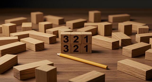Wooden Blocks with Numbers 321 Arranged on a Table Representing Countdown Strategy or a Puzzle Concept photo
