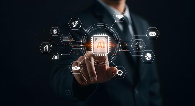 Businessman Interacting with Futuristic AI Interface Exploring Digital Business Solutions and Innovative Technologies in a Dark Setting The image evokes a sense of progress innovation and the future o photo