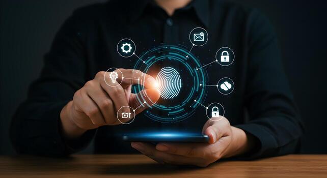 Person using biometric fingerprint scanner for secure access to digital data innovative technology cybersecurity concept The image depicts a hand interacting with a futuristic interface on a smartphon photo