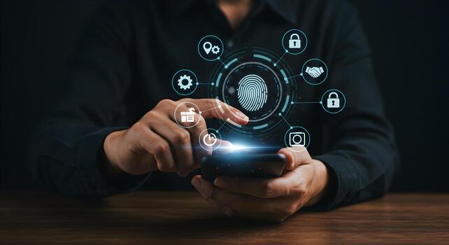 Person using biometric authentication on a smartphone accessing digital security features with a fingerprint scan showcasing secure mobile technology and privacy concepts in a dark setting photo