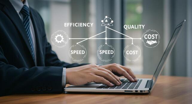 Businessman Analyzing Key Performance Indicators KPIs on Laptop Focusing on Efficiency Speed Cost and Quality in Modern Office Setting photo