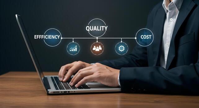 Businessman analyzing key performance indicators on laptop focusing on efficiency quality cost optimization and team collaboration for business success He is working diligently in a modern office sett photo