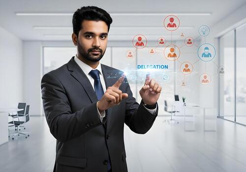 Confident businessman in modern office interacting with a digital interface showcasing delegation concept The image conveys efficiency teamwork and strategic task management in a professional setting photo