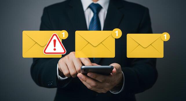 Businessperson using smartphone checking urgent email notifications with warning sign in professional office setting signifying critical alert and immediate action needed photo
