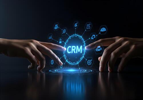 Two hands interacting with a futuristic CRM interface showcasing innovative customer relationship management technology in a digital environment The concept depicts seamless integration and advanced d photo