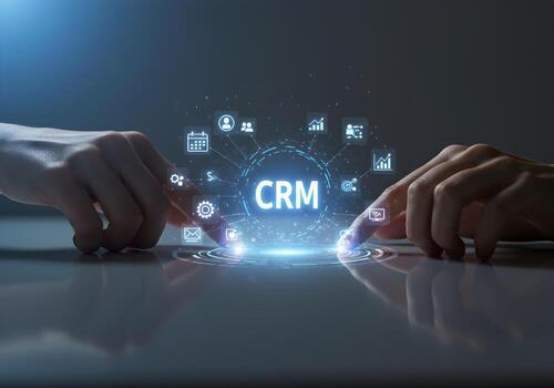 Two hands interacting with a futuristic digital interface showing a CRM acronym surrounded by various businessrelated icons representing the concept of modern customer relationship management and digi photo