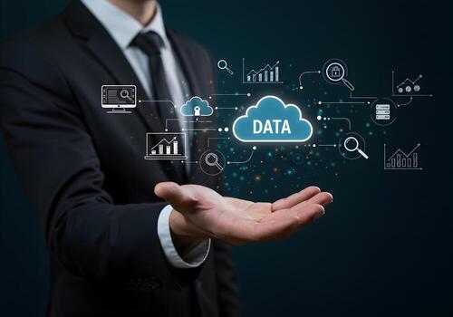 Businessman Presenting Cloud Data Analytics and Big Data Network on His Hand Showing Secure Data Management and Information Technology Concept photo